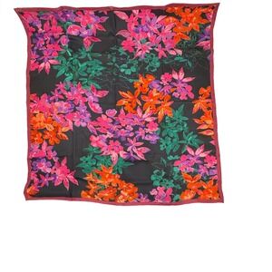 Vibrant Floral Silk Scarf 38" Square Dark Navy Pink Orange Green Hand-rolled Hem